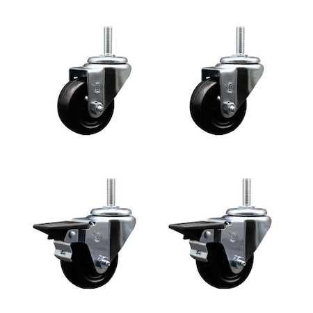 Service Caster 3 Inch Soft Rubber Wheel Swivel 34 Inch Threaded Stem Caster Set 2 Brakes SCC SCC-TS20S314-SRS-34212-2-PLB-2